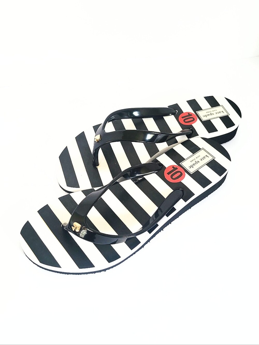 NWT Kate Spade Milli Flip Flop Wedge Thong Sandal Black & White Striped Size 10